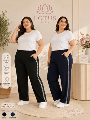 Lotus Butik Esnek Yumuşak Pamuklu Modal Kumaş Sim Şeritli Büyük Beden Eşofman Altı