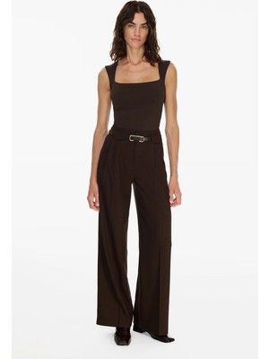 Vatkalı Çift Pileli Kemerli Wide Leg Pantolon
