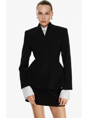 Vatkalı Düğmesiz Kaşe Blazer Ceket