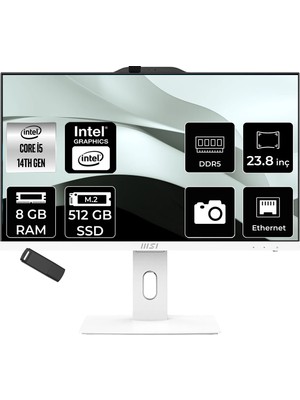 MSI Msı Pro AP242P Intel Core I5 14400 8gb Ram 512GB SSD UHD Graphics 23.8" Full Hd (1920X1080) Freedos 14M-1201EUP302 Beyaz All In One Bilgisayar + Per4 USB Bellek