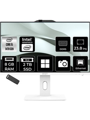 MSI Msı Pro AP242P Intel Core I5 14400 8gb Ram 2tb SSD UHD Graphics 23.8" Full Hd (1920X1080) WIN11 Pro 14M-1201EUP504 Beyaz All In One Bilgisayar + Per4 USB Bellek