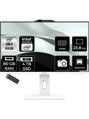 MSI Msı Pro AP242P Intel Core I5 14400 80GB Ram 4tb SSD UHD Graphics 23.8" Full Hd (1920X1080) Freedos 14M-1201EUP347 Beyaz All In One Bilgisayar + Per4 USB Bellek