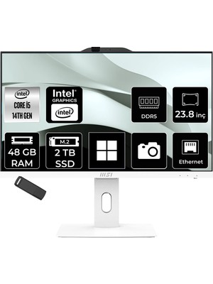 MSI Msı Pro AP242P Intel Core I5 14400 48GB Ram 2tb SSD UHD Graphics 23.8" Full Hd (1920X1080) WIN11 Pro 14M-1201EUP534 Beyaz All In One Bilgisayar + Per4 USB Bellek