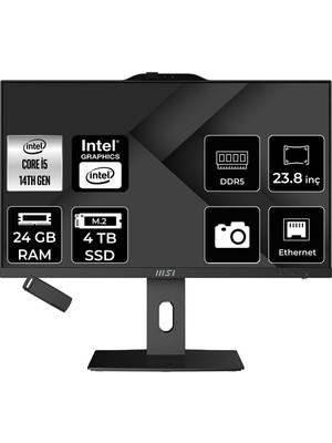MSI Msı Pro AP242P Intel Core I5 14400 24GB Ram 4tb SSD UHD Graphics 23.8" Full Hd (1920X1080) Freedos 14M-649XEUP317 Siyah All In One Bilgisayar + Per4 USB Bellek