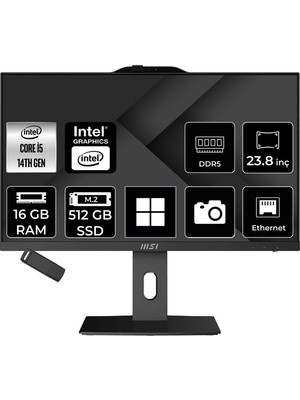 MSI Msı Pro AP242P Intel Core I5 14400 16GB Ram 512GB SSD UHD Graphics 23.8" Full Hd (1920X1080) WIN11 Home 14M-649XEUP408 Siyah All In One Bilgisayar + Per4 USB Bellek