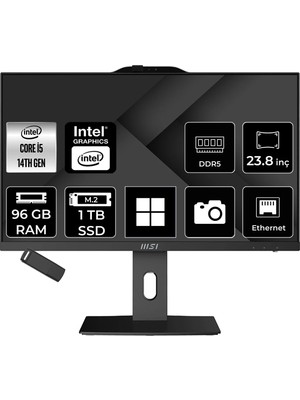 MSI Msı Pro AP242P Intel Core I5 14400 96GB Ram 1tb SSD UHD Graphics 23.8" Full Hd (1920X1080) WIN11 Home 14M-649XEUP451 Siyah All In One Bilgisayar + Per4 USB Bellek