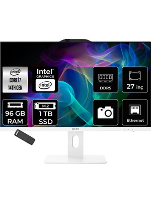MSI Msı Pro AP272P Intel Core I7 14700 96GB Ram 1tb SSD UHD Graphics 27" Full Hd (1920X1080) Freedos 14M-866XEUP351 Beyaz All In One Bilgisayar + Per4 USB Bellek
