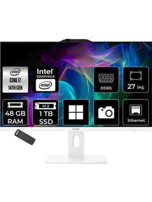 MSI Msı Pro AP272P Intel Core I7 14700 48GB Ram 1tb SSD UHD Graphics 27" Full Hd (1920X1080) WIN11 Home 14M-866XEUP433 Beyaz All In One Bilgisayar + Per4 USB Bellek
