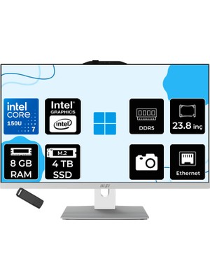 MSI Msı Modern AM242P Intel Core 7 150U 8gb Ram 4tb SSD Intel Graphics 23.8" Full Hd (1920X1080) Freedos 1M-2288NEUP305 Beyaz All In One Bilgisayar + Per4 USB Bellek