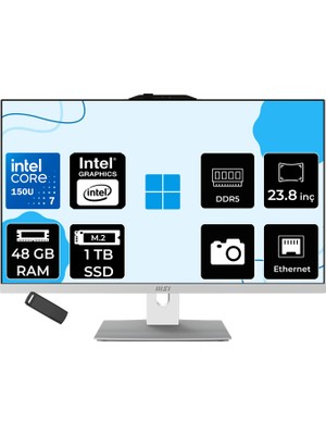 MSI Msı Modern AM242P Intel Core 7 150U 48GB Ram 2tb SSD Intel Graphics 23.8" Full Hd (1920X1080) Freedos 1M-2288NEUP334 Beyaz All In One Bilgisayar + Per4 USB Bellek