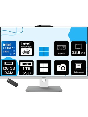 MSI Msı Modern AM242P Intel Core 7 150U 128GB Ram 1tb SSD Intel Graphics 23.8" Full Hd (1920X1080) WIN11 Home 1M-2288NEUP457 Beyaz All In One Bilgisayar + Per4 USB Bellek