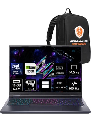 Acer Predator Helios Neo 14 Aı Intel Core Ultra 7 255H Rtx 5060 8gb 115W 16GB Ram 4tb SSD 14.5" Wqxga (2560X1600) 165Hz WIN11 Pro NH.QV0EY.001P311 Gaming Laptop + Per4 Çanta