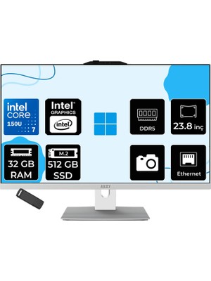 MSI Msı Modern AM242P Intel Core 7 150U 32GB Ram 512GB SSD Intel Graphics 23.8" Full Hd (1920X1080) Freedos 1M-2288NEUP320 Beyaz All In One Bilgisayar + Per4 USB Bellek