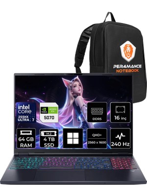 Acer Predator Helios Neo 16S Aı Intel Core Ultra 7 255HX Rtx 5070 8gb 115W 64GB Ram 4tb SSD 16" OLED Wqxga (2560X1600) 240Hz WIN11 Pro NH.QZFEY.001P341 Gaming Laptop + Per4 Çanta