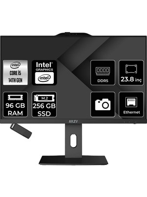 MSI Msı Pro AP242P Intel Core I5 14400 96GB Ram 256GB SSD UHD Graphics 23.8" Full Hd (1920X1080) Freedos 14M-649XEUP349 Siyah All In One Bilgisayar + Per4 USB Bellek