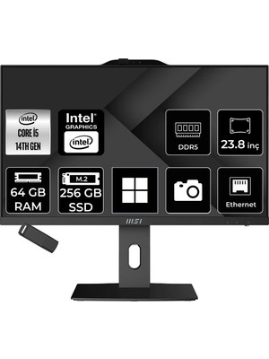 MSI Msı Pro AP242P Intel Core I5 14400 64GB Ram 256GB SSD UHD Graphics 23.8" Full Hd (1920X1080) WIN11 Home 14M-649XEUP437 Siyah All In One Bilgisayar + Per4 USB Bellek