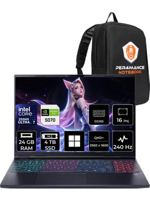 Acer Predator Helios Neo 16S Aı Intel Core Ultra 7 255HX Rtx 5070 8gb 115W 24GB Ram 4tb SSD 16" OLED Wqxga (2560X1600) 240Hz WIN11 Home NH.QZFEY.001P317 Gaming Laptop + Per4 Çanta