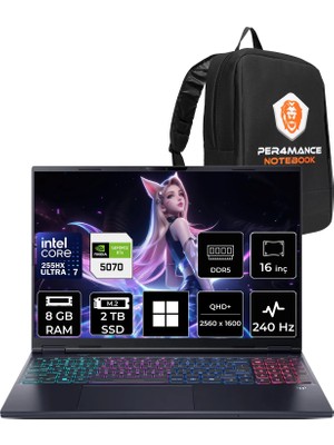 Acer Predator Helios Neo 16S Aı Intel Core Ultra 7 255HX Rtx 5070 8gb 115W 8gb Ram 2tb SSD 16" OLED Wqxga (2560X1600) 240Hz WIN11 Pro NH.QZFEY.001P304 Gaming Laptop + Per4 Çanta