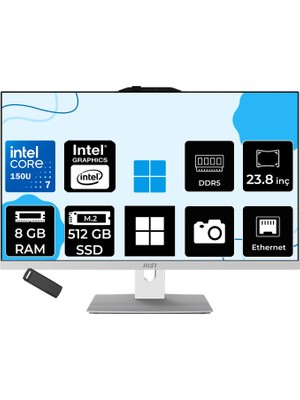 MSI Msı Modern AM242P Intel Core 7 150U 8gb Ram 512GB SSD Intel Graphics 23.8" Full Hd (1920X1080) WIN11 Pro 1M-2288NEUP502 Beyaz All In One Bilgisayar + Per4 USB Bellek