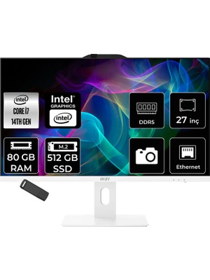 MSI Msı Pro AP272P Intel Core I7 14700 80GB Ram 512GB SSD UHD Graphics 27" Full Hd (1920X1080) Freedos 14M-866XEUP344 Beyaz All In One Bilgisayar + Per4 USB Bellek