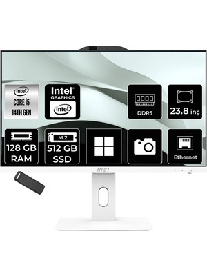 MSI Msı Pro AP242P Intel Core I5 14400 128GB Ram 512GB SSD UHD Graphics 23.8" Full Hd (1920X1080) WIN11 Pro 14M-1201EUP556 Beyaz All In One Bilgisayar + Per4 USB Bellek