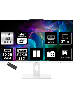 MSI Msı Pro AP272P Intel Core I7 14700 80GB Ram 512GB SSD UHD Graphics 27" Full Hd (1920X1080) WIN11 Pro 14M-866XEUP544 Beyaz All In One Bilgisayar + Per4 USB Bellek