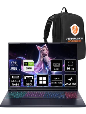 Acer Predator Helios Neo 16S Aı Intel Core Ultra 7 255HX Rtx 5070 8gb 115W 64GB Ram 1tb SSD 16" OLED Wqxga (2560X1600) 240Hz WIN11 Pro NH.QZFEY.001P339 Gaming Laptop + Per4 Çanta