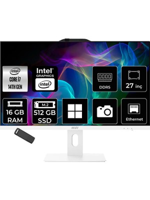 MSI Msı Pro AP272P Intel Core I7 14700 16GB Ram 512GB SSD UHD Graphics 27" Full Hd (1920X1080) WIN11 Home 14M-866XEUP408 Beyaz All In One Bilgisayar + Per4 USB Bellek