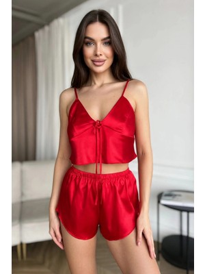 Marsilyan Özel Tasarım Kadın Kırmızı Saten Pijama Takımı Ince Askılı Şortlu