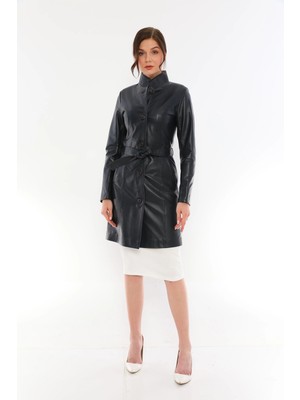 Basics & More Kadın Kuşaklı Düğmeli Deri Ceket - B3034