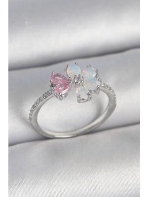 Pileli Store Pirinç Gümüş Renk Beyaz Mineli Pembe Zirkon Taşlı Çiçek Model Kadın Yüzük TJ-BYK3708