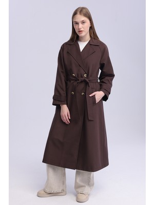 Bolivente Kadın Kahverengi Oversize Trençkot Astarlı Mevsimlik Trençkot