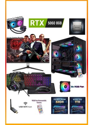 Comloji Ga-Deluxe Rtx 5060 8gb Ryzen 9 9900X 32GB Ddr5 1tb M.2 Sıvı Soğutmalı 23.8" Monitörlü Masaüstü Oyuncu Bilgisayarı Seti