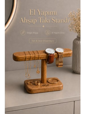 Myend Doğal Ahşap El Yapımı Tekli Takı Standı, Saat Organizeri Kolye Küpe Yüzük Bileklik Düzenleyici