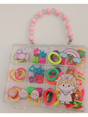 Ases Store Çantalı Kız Çocuk Saç Tokası Seti Renkli Desenli Çıtçıt Peluş ve Figürlü Kawai Bebek Toka Organizeri