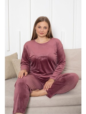 Asel Kadın Büyük Beden Kırmızı Likralı Soft Kadife Pijama Takımı Rahat ve Şık Tasarım
