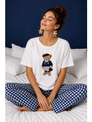 Koza Kadın Pamuklu Ekru Kısa Kollu Baskılı Ekose Desenli Pijama Takımı