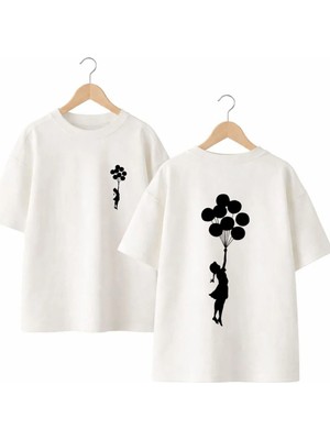 Playwear Uçan Balon Gölge Girl Baskılı %100 Pamuk Oversize Bol Regular Fit Bisiklet Yaka T-Shirt