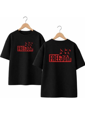 Playwear Freedom Sırt ve Ön Gögüs Baskılı %100 Pamuk Oversize Bol Regular Fit Bisiklet Yaka T-Shirt