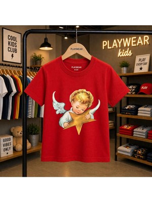 Playwear Baby Melek Baskılı %100 Çocuk Unisex T-Shirt 5 6 -7 8-9 10 -11 12 Yaş