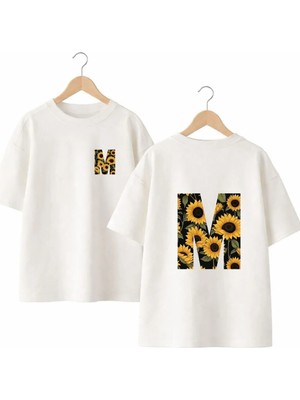 Playwear Ay Çicek M Harf Sırt ve Göğüs Baskılı %100 Pamuk Oversize Bol Regular Fit Bisiklet Yaka T-Shirt