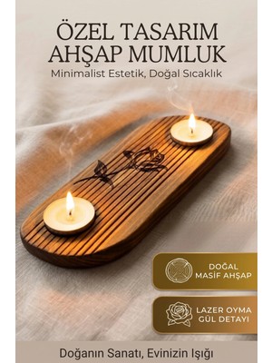 Myend Ahşap El Yapımı Iki Bölmeli S Kıvrımlı Tasarım Mumluk, Doğal Ahşap Lazer Gül Detaylı Tealight Mumluğu
