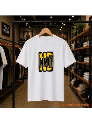 Playwear No Limit Ön Gögüs Baskılı %100 Pamuk Oversize Bol Regular Fit Bisiklet Yaka T-Shirt