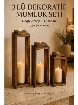 Myend 3'lü Dekoratif Ahşap Mumluk Seti, Tealight Mumluk Lüks Mum Salon Balkon Mumluğu