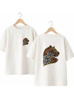 Playwear Taşlı Kaplan Sırt ve Göğüs Baskılı %100 Pamuk Oversize Bol Regular Fit Bisiklet Yaka T-Shirt