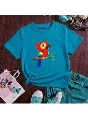 Playwear Çizgi Figür Papağan Baskılı %100 Çocuk Unisex T-Shirt 5 6 -7 8-9 10 -11 12 Yaş