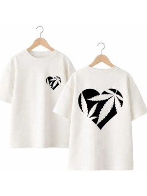 Playwear Kalp 5 Sırt ve Ön Gögüs Baskılı %100 Pamuk Oversize Bol Regular Fit Bisiklet Yaka T-Shirt