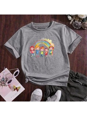 Playwear Gökkuşağı Çoçuk Baskılı %100 Pamuk Bisiklet Yaka Çocuk Unisex T-Shirt 5 6 -7 8-9 10 -11 12 Yaş