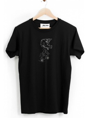Playwear Play Wear Unisex Bol Kalıp Siyah Motorcu Kask Çizim Baskılı Cool Tasarım Kısa Kollu T-Shirt
