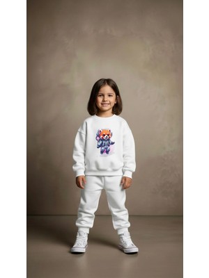 Playwear Takım Sweatshirt Uzaylı Tilki Baskılı Kız Erkek Çocuk Bisiklet Yaka3 4-5-6-7-8-9-10-11-12YAŞ
